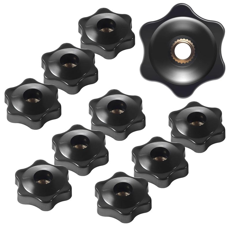 HouseUp 12 Pcs Star Knobs, 1/4-20 Female Threaded Hexagon Head Thru Clamping Knob, 6 Star 1/4 Inch 20 Jig T Knobs, Small, Black - Image 1